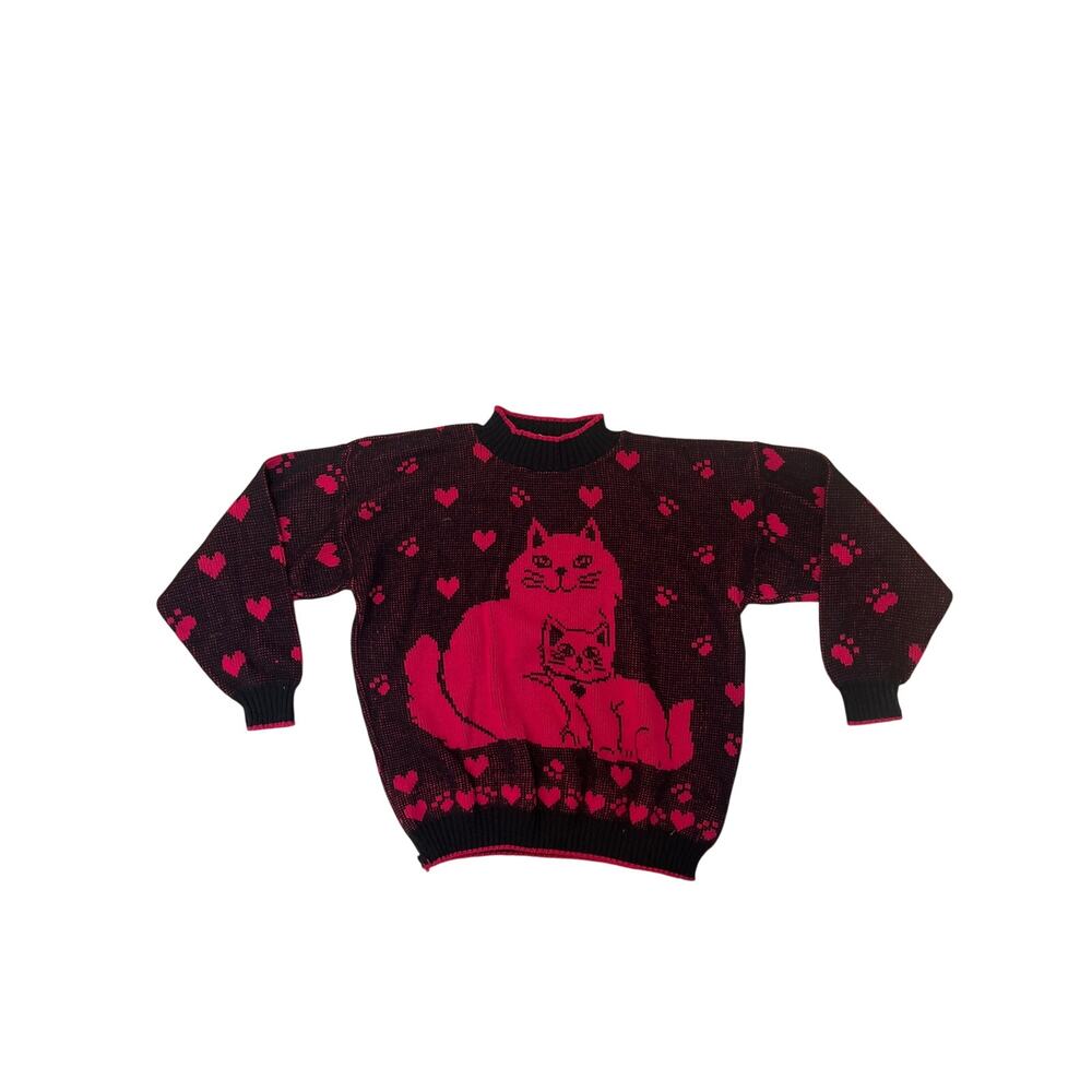 Vintage Grannycore Cottage Hot Pink and Black Cat Sweater Made USA Hot Cashews